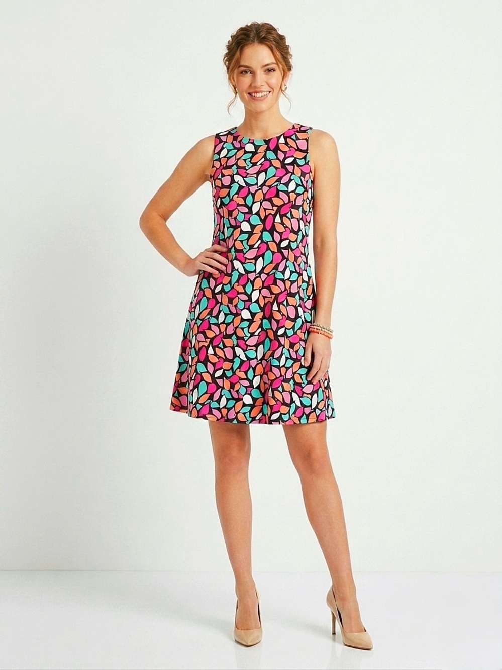 Anne Klein Multicolor Leaf-Print Sleeveless Mini Dress